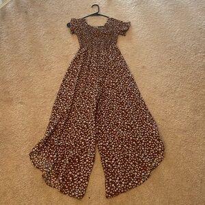Brown floral jumpsuit.
